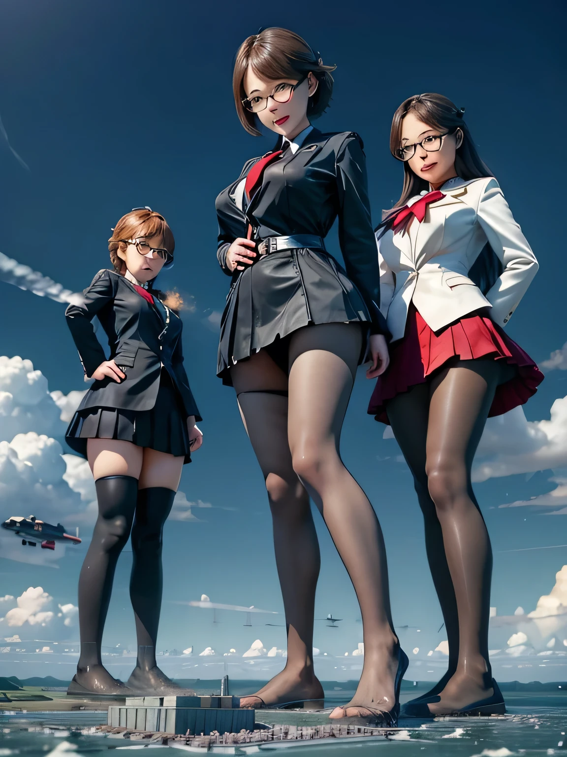 multiple girls, 3girls, standing, giantess art, highly detailed giantess shots, giantess, most detailed, perfect face, Two legs, Five fingers, short hair, A high school girl who is bigger than a skyscraper, Wearing rimless glasses, smile, huge breasts, Navy blazer, Red tie, mini skirt, black pantyhose, no shoes on, toes visible through pantyhose, Steam coming out from the soles of my feet, seaside metropolis, numerous miniature warships on the sea, Destroying cities, Under heavy attack, A very small big city, Miniature metropolis, Full body description, GTS, giga giantess, stomping city, crash city, tiny city, micro city, pantyhose feet, High resolution, highest quality, masterpiece, 