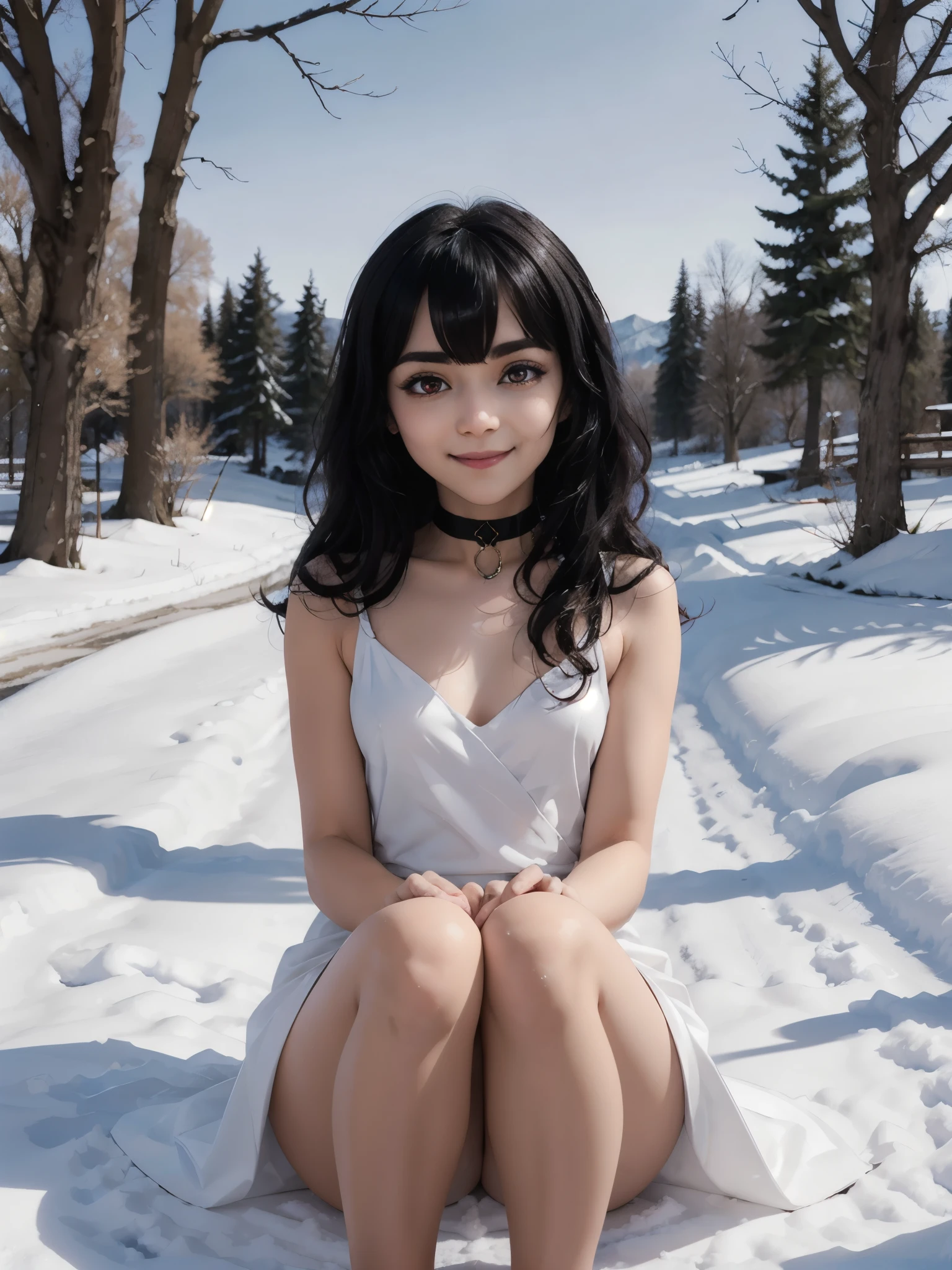Miyumrkw, red eyes, long black hair, choker, tentacles wrapping around arms and legs, white gown, looking at viewer, smiling, close up portrait, outside, park, trees, winter, snow, blue sky, high quality, masterpiece, 