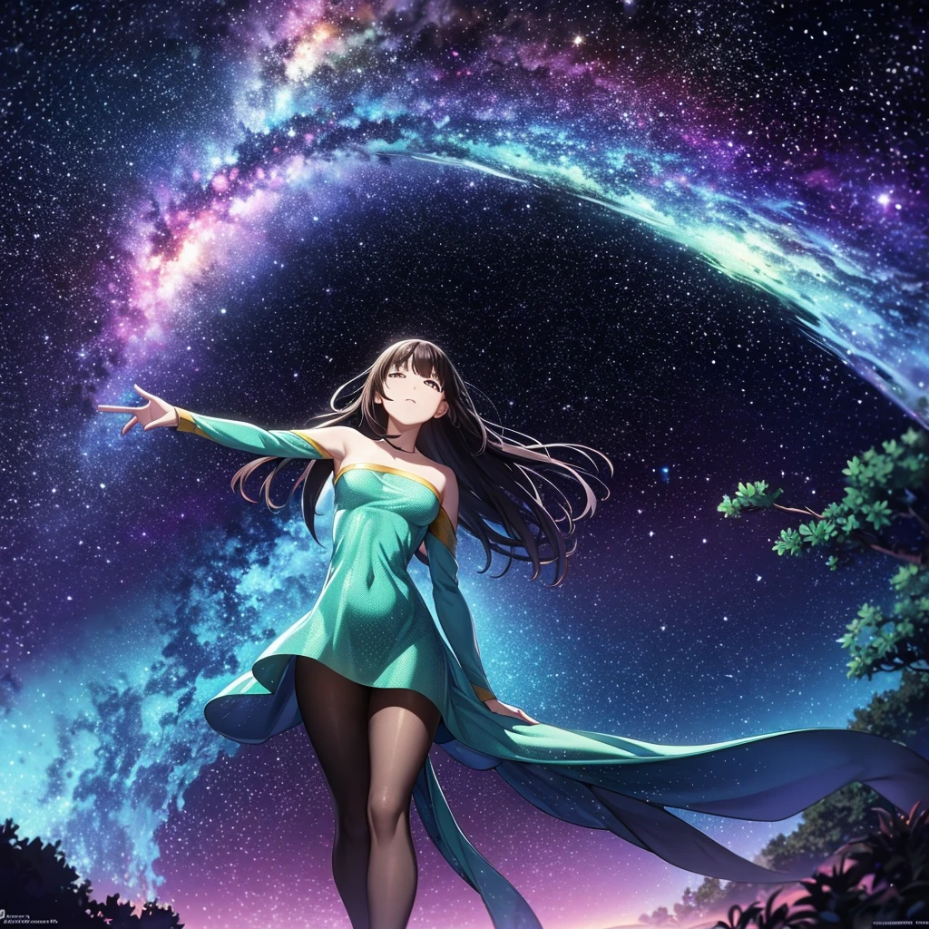 high quality,ultra-detailed space scene,realistic planetary formations,vibrant colors,dazzling stars,ethereal galaxy,striking nebulae,distant galaxies,cosmic dust,celestial bodies,captivating interstellar sky,a majestic tree standing tall,branches stretching outwards,reaching for the stars,leaves shimmering in the cosmic light,tranquil and serene atmosphere,a perfect harmony between nature and the universe