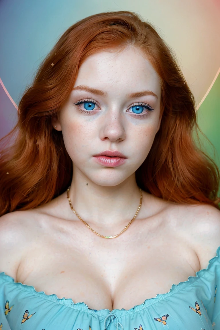 **Analog photography of a redhead girl, 18 years old, with blue eyes, soft makeup, and bold pink puffy lips. Her curly hair frames her very pale skin, highlighting her huge round breasts, she is dressed in a lingerie-set, and gold-wide chains. Oversized eyeglasses(that frame her face), and wears platform-heels on feet.** She is captured on a cute print-blanket, (her mouth is slightly open, her lips almost touching her shoulder), Ethereal atmosphere, The fine art style, attention to details and soft pastel color palette creates a narrative that's both enchanting and delightful. Second Exposure: An overlay of a BUTTERFLIES Description: ((The double exposure creates a magical blend where the girl appears to be part of the natural BUTTERFLIES flowers-symbolizing the harmony between humanity and nature. The Chemistry-print background give the image a scientific-like quality)). ((from the above view)). (((in a NEON pink/INDIGO colors palette theme))) ((CLOSE UP SHOT, WITH HER BOLD PINK LIPS)), ((FROM THE ABOVE VIEW))
