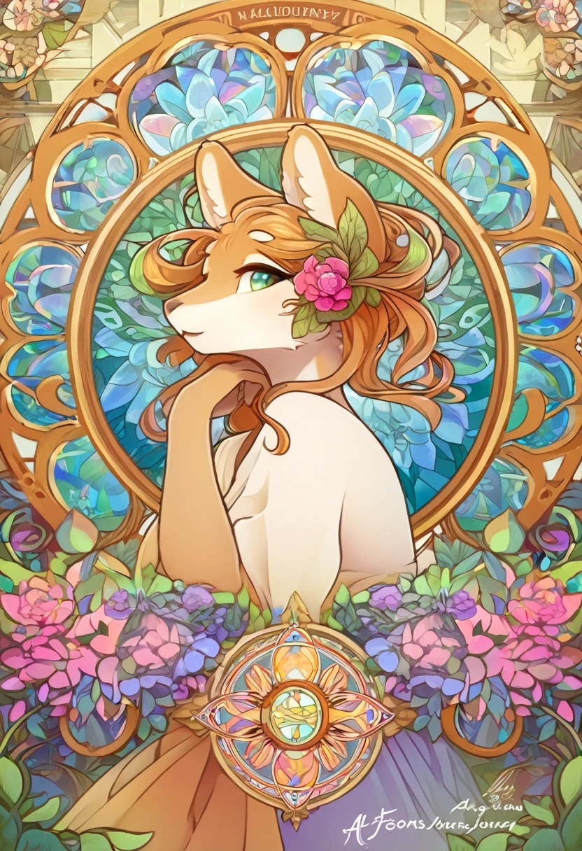 top quality, best quality, kaleidoscope, rzminjourney, vector-art, High-quality illustrations by Alfons Mucha, masterpiece(kemono, furry anthro)logo mark, round, colorful flower,