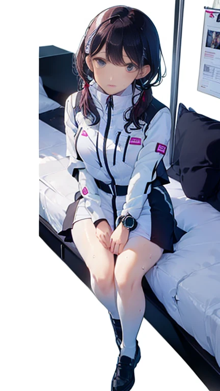 (Highest quality), (masterpiece), 1080P, High resolution, 4K, 8k, Thigh straps, Shooting from directly below, The woman on top of me, Nipples, 白いSweat, Covered , Sweat, Woman looking down, Micro Bikini, Skirt swimsuit, Thigh-high socks, To achieve this, 16 years old, Small breasts, whole body, Black leather shoes, Braided hair, Inner Color, Embarrassed face, Short black hair, bracelet, Bedroom,celestial body_Vest
