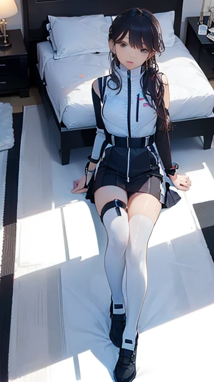 (Highest quality), (masterpiece), 1080P, High resolution, 4K, 8k, Thigh straps, Shooting from directly below, The woman on top of me, Nipples, 白いSweat, Covered , Sweat, Woman looking down, Micro Bikini, Skirt swimsuit, Thigh-high socks, To achieve this, 16 years old, Small breasts, whole body, Black leather shoes, Braided hair, Inner Color, Embarrassed face, Short black hair, bracelet, Bedroom,celestial body_Vest
