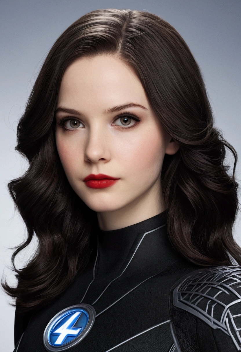 , adolescent, fair and pale skin, gray eyes, long dark brown hair, with layered haircut , long eyelashes, fantastic four suit , eyeliner, Red lips
