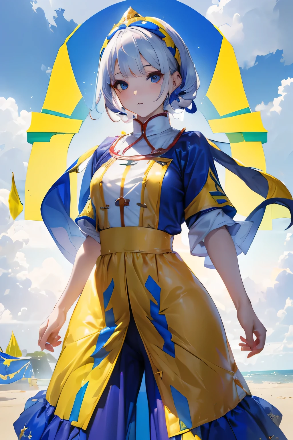 (((Costumes inspired by the Ukrainian flag:1.3))),(((Woman in men's clothing:1.3))),(masterpiece,Highest quality,Ultra-high resolution output images,Write boundary depth,Intricate details,Adding dimension to your subject with the contrast of light and shadow,Anatomically correct facial structure),(Picture Mode Ultra HD,)