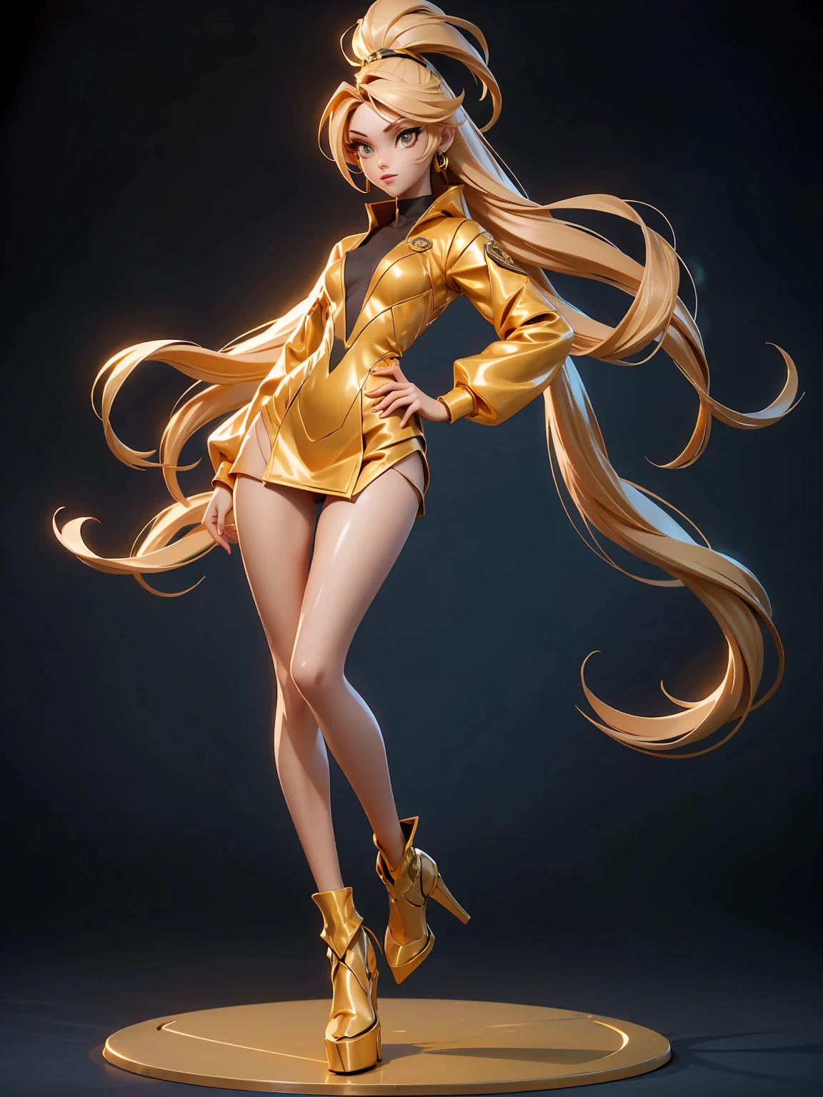 Design a layout showcase Gaming character, (1girl). Golden+Purle sleek clothes, stylish and unique, ((full_body_shot:1.4)))