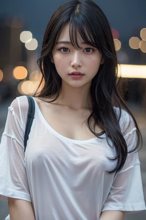 Random Pause, Mix 4, (8k, Original photo, Highest quality, masterpiece: 1.45), (Actual, Vibrant: 1.37), Skinny Japanese woman, One girl, charm, City view, night, rain, Wet, Professional Lighting, Photon Mapping, Radio City, Physically Based Rendering, Gradient black hair, Short Curly Hair, good looking, girl, The T-shirt is transparent,Torn clothes、 High resolution, 1080P, (Beautiful Face), (Detailed facial depiction), (Detailed description of the hand), (Detailed CG), Extreme light and shadow, Messy Hair, Lots of details, (exquisite features), (Highest quality photos), (Beautiful Eyes), Look in front of you, Thin clavicle,