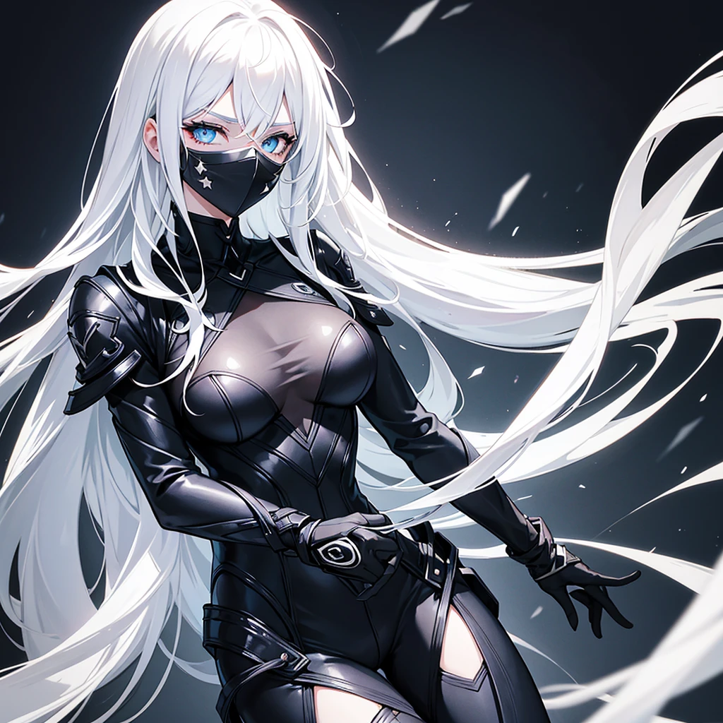 Superheroine drawing (women) stylized black suit, mask on the face, White hair, white skin and light eyes