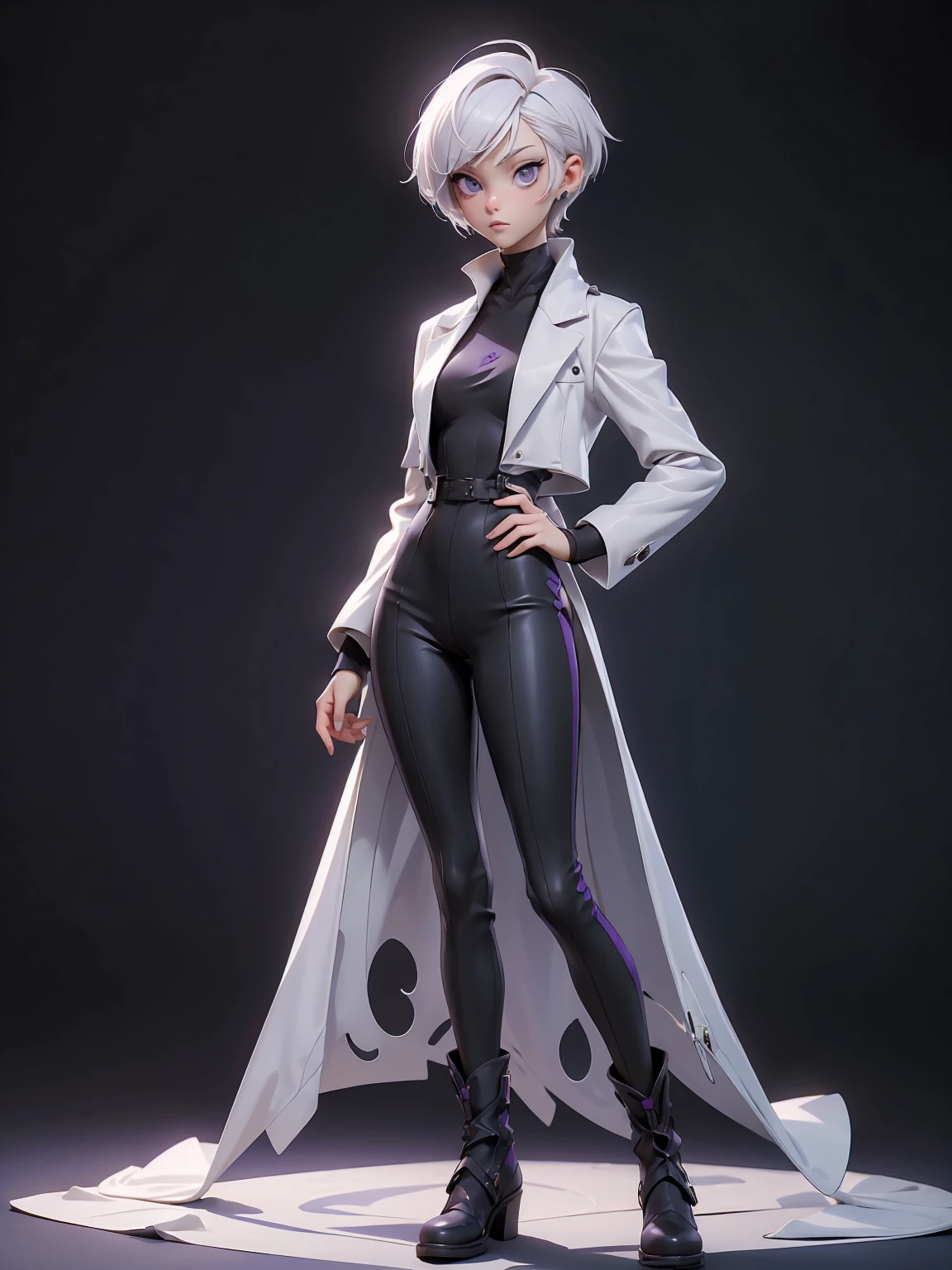 (((Best Quality))), (((Masterpiece))), (((Realistic))) ((full body shot)) slender, cute girl with short white hair and vibrant purple eyes. She wears a tight-fitting, sleek black and suit with high-tech boots