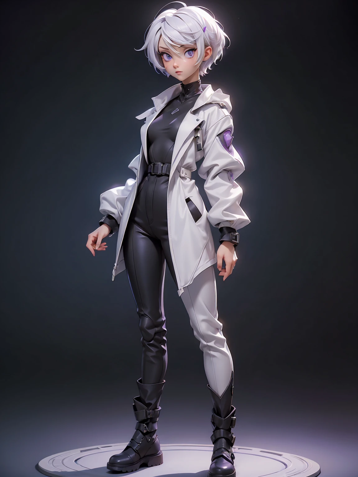 (((Best Quality))), (((Masterpiece))), (((Realistic))) ((full body shot)) slender, cute girl with short white hair and vibrant purple eyes. She wears a tight-fitting, sleek black and suit with high-tech boots