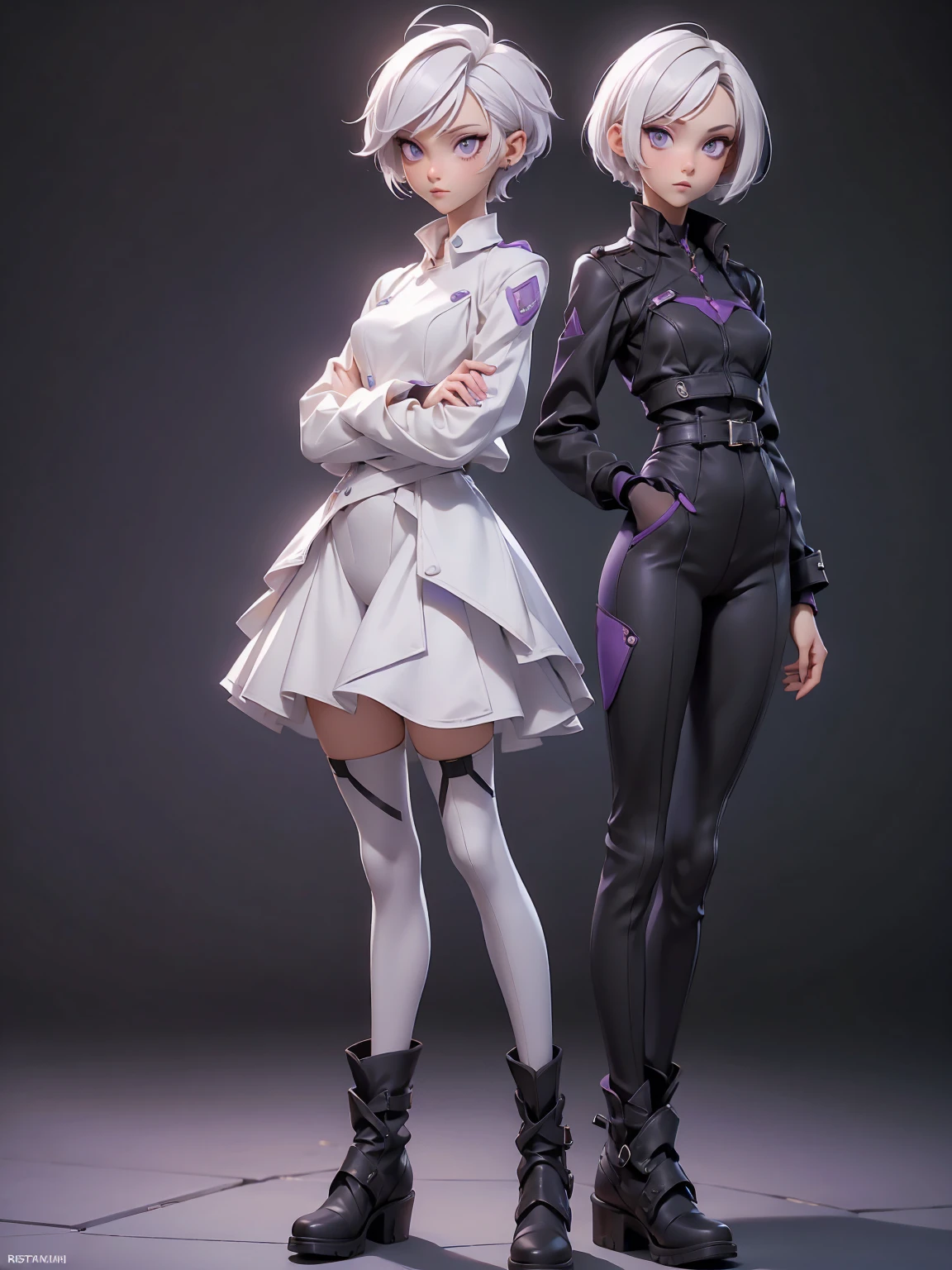 (((Best Quality))), (((Masterpiece))), (((Realistic))) ((full body shot)) slender, cute girl with short white hair and vibrant purple eyes. She wears a tight-fitting, sleek black and suit with high-tech boots