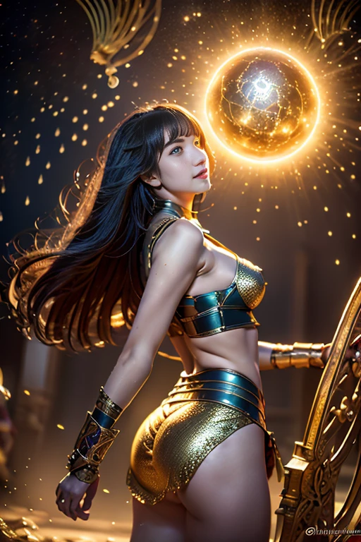 mebeautiful warrior woman in golden Greek armor, jet black hair, Hoplite helmet, muscular, I look at the viewer, Foreground, ModelShot Pose, masterpiece, Best quality, 8 k, blurred background, Medieval fantasy castle in the background, (best quality,4k,8k,highres,masterpiece:1.2),ultra-detailed,(realistic,photorealistic,photo-realistic:1.37),quantum mechanics,mystery,beautiful girl,universal truth,illustration,cosmic backdrop,surreal elements,vibrant colors,hidden messages,ethereal atmosphere,magical effects,infinitely detailed quantum equations,intricate patterns,breathtaking visuals,subtle hints of the unknown,otherworldly dimensions,divine symmetry,cosmic harmony,transcendental beauty,deep metaphysical meaning,hauntingly beautiful girl,sublime revelation,subatomic particles dancing gracefully,whispered secrets of the universe,awe-inspiring universe,profound enlightenment,fleeting glimpses of reality,cosmic enlightenment,pure curiosity,quantum entanglement,secrets of existence unveiled,universal interconnectedness,sublime truth whispered in the wind,cosmic dance of particles,inner exploration,quantum fluctuations,sparkling celestial spheres,mystical symbols,interdimensional pishaonv, gun, magic circle, ultra-detailed, RAW Photos、(Realistic)、(Super detailed)、(High resolution:1.3)、masterpiece、(Highest quality)、8K、Concept Art、Angle from below、Back view、Turn around to look at the viewer、A beautiful and confident smile、(Perfect Anatomy:1.2)、One woman、20-year-old、Battlefield in a fantasy world、(Archers:1.3)、(Hold a large bowgun in your right hand:1.3)、(Set the arrow in your left hand into the bowgun.:1.2)、Correct and beautiful fingers、(Super hourglass body type)、(Upward-facing super big breasts:1.3)、(Wide super big ass)、Black Hair、(Open your legs and stick your buttocks out:1.2)、Arrow tube、boots、A huge magic circle in the background、(Sexy and acrobatic fighting poses)、(Increased costume transparency)、(See-through:1.3)、Sexy female warriors in the background