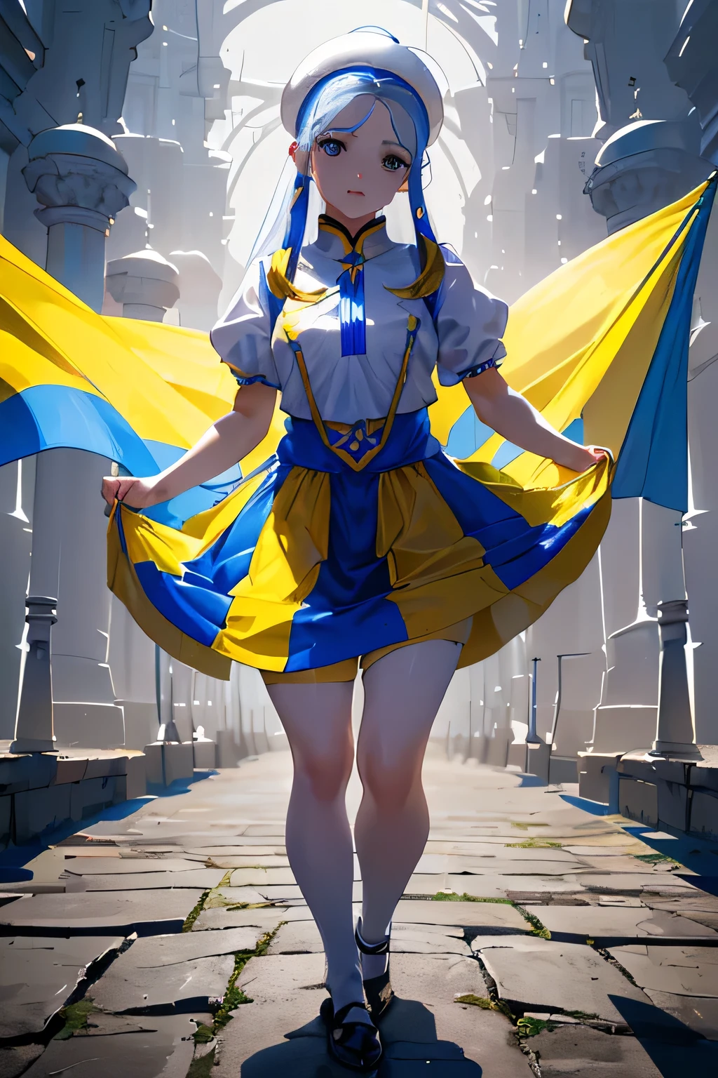 (((Costumes inspired by the Ukrainian flag:1.3))),(((Woman in men's clothing:1.3))),(masterpiece,Highest quality,Ultra-high resolution output images,Write boundary depth,Intricate details,Adding dimension to your subject with the contrast of light and shadow,Anatomically correct facial structure),(Picture Mode Ultra HD,)