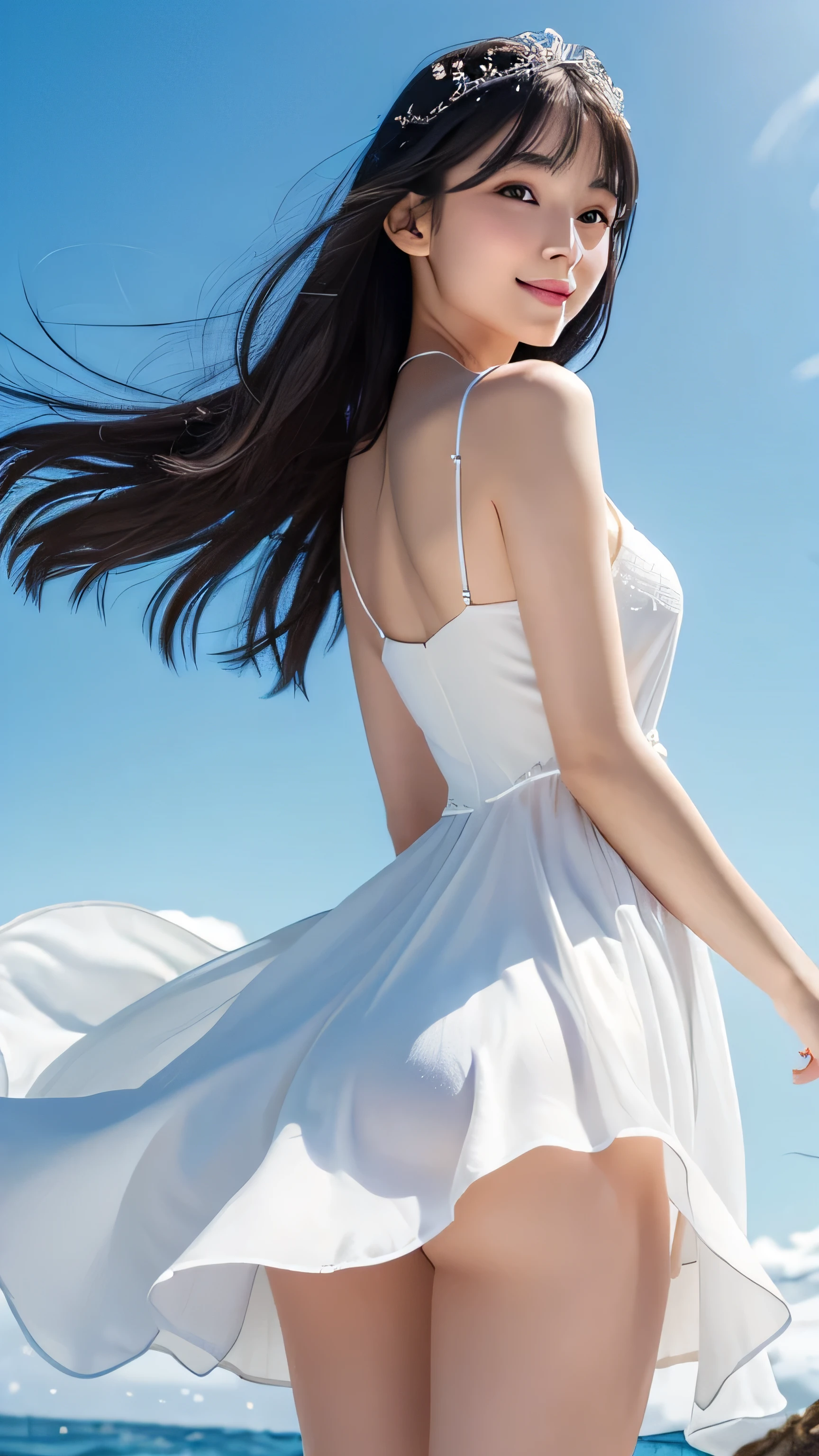 Create an ultra-realistic image of a 21-year-old Japanese woman named Kotone wearing a wind spirit dress. She has extremely long, perfectly straight black hair that flows down to her waist, with blunt bangs that cover her forehead. Her eyes are large and have double eyelids with black pupils, giving them a captivating and youthful appearance. Her face is delicate and innocent, with very thin eyebrows. Kotone's skin is smooth and flawless, resembling snow in its pure white color. She has a slender and well-proportioned body with a shapely bust size of 95 cm, a height of 158 cm, a weight of 43 kg, an ideal waist size of 58.46 cm, and an ideal hip size of 86.73 cm. Her complexion is flawless, without any wrinkles, and her natural makeup enhances her features subtly, maintaining a fresh and youthful look. She embodies a perfect balance of youthful charm and mature elegance, with a cute and innocent smile that adds warmth and affection to her appearance.
Kotone should be depicted wearing an ethereal wind spirit dress, designed to flow and flutter as if caught in a gentle breeze. The dress should be made of light, translucent fabrics in shades of white and pale blue, with intricate patterns that resemble swirling wind. The dress should accentuate her slender figure while appearing weightless and graceful. Her long black hair should be adorned with delicate accessories, such as small, shimmering beads or feathers, that enhance the wind spirit theme. Her expression should be serene and enchanting, with a gentle smile that conveys a sense of mystical charm. The lighting should be soft and airy, creating a dreamy and magical atmosphere. The background should include elements of nature, such as a field of flowers or a clear sky, ensuring that every detail of her appearance and the wind spirit theme is highlighted.