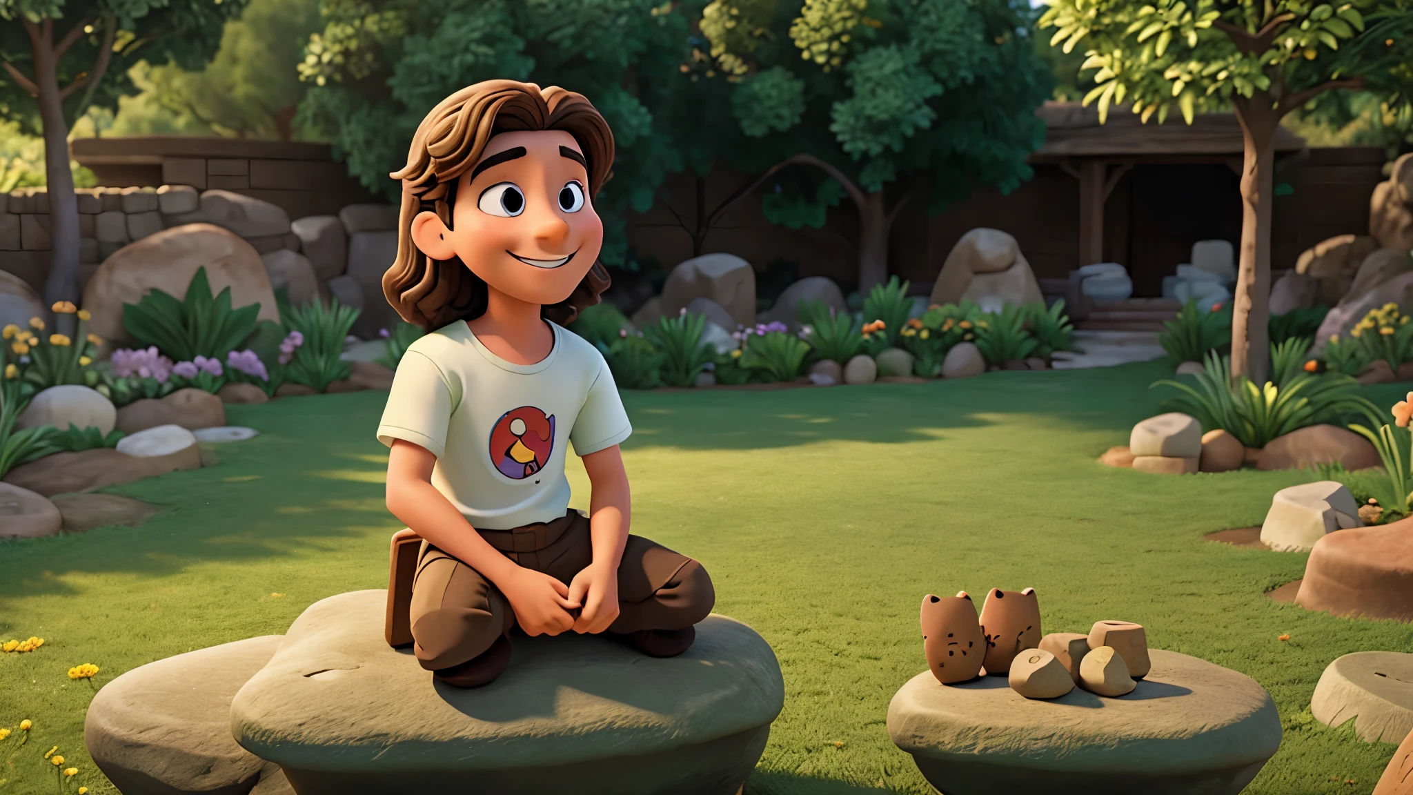 jesus with smile sitting on a rock in a garden told a story for children and adults around him, disney pixar style