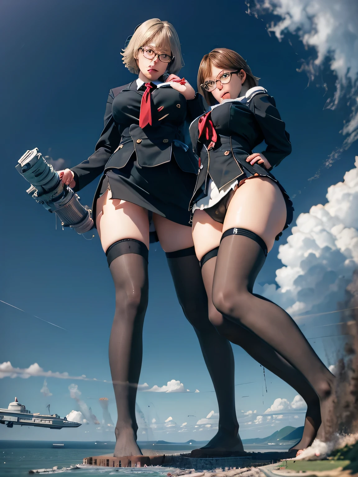 multiple girls, 3girls, standing, giantess art, highly detailed giantess shots, giantess, most detailed, perfect face, Two legs, Five fingers, short hair, A high school girl who is bigger than a skyscraper, Wearing rimless glasses, smile, huge breasts, Navy blazer, Red tie, mini skirt, black pantyhose, no shoes on, toes visible through pantyhose, Steam coming out from the soles of my feet, seaside metropolis, numerous miniature warships on the sea, Destroying cities, Under heavy attack, A very small big city, Miniature metropolis, Full body description, GTS, giga giantess, stomping city, crash city, tiny city, micro city, pantyhose feet, High resolution, highest quality, masterpiece,