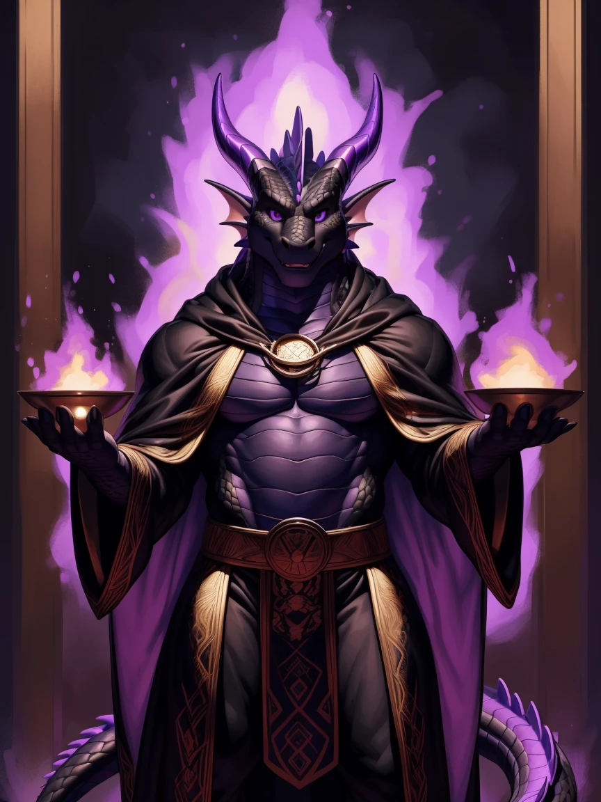 fantasy-style, solo male, furry, wolf orc, muscular, shirtless, gray hair, purple eyes, tall, smooth face, surrounded my glowing purple energy, holding a glowing purple staff, Muscle Mage, Yellow Magic Robe, Urban agglomerations, eyesgod, niji