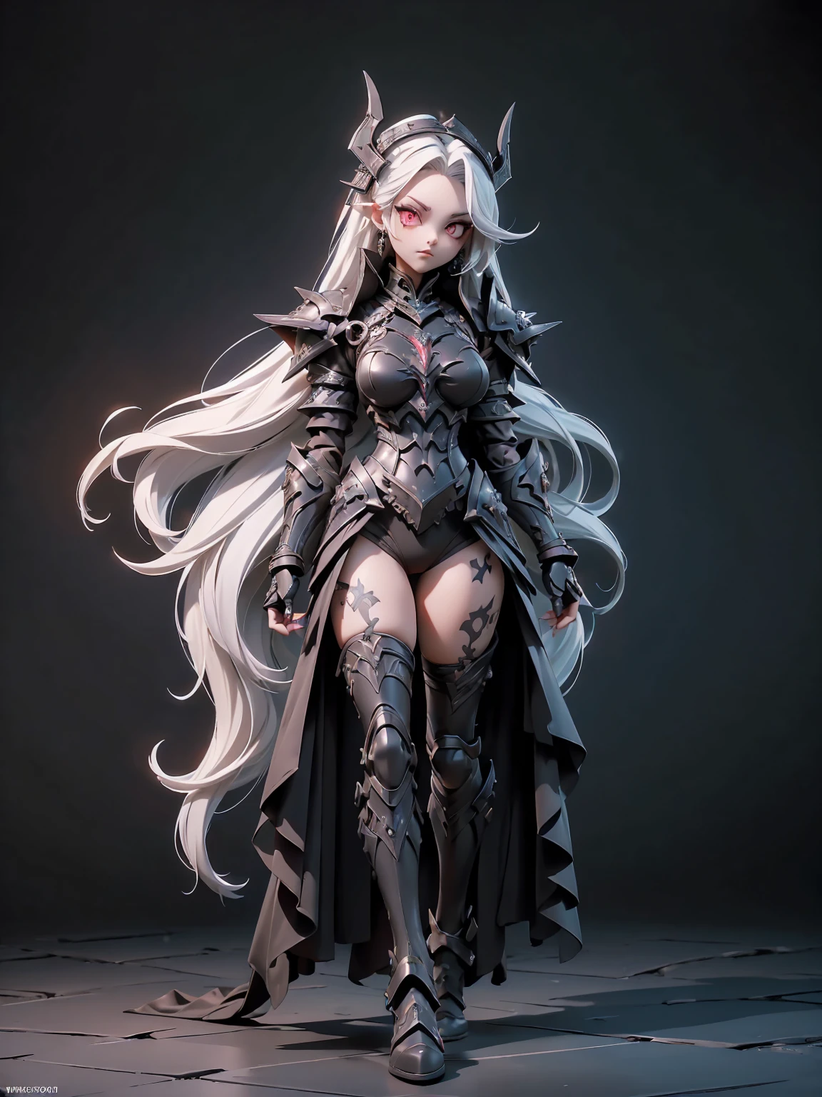 (((masterpiece, high quality, 16k))) queen power armor , (gothic style), (((full body shot))) , The most beautiful and sexy demon goddess, long white hair, glowing red eyes, wearing detailed black gothic battle armor, black angel wings, tattoos and piercings, intricate detailed schythe, gothic castle, perfect masterpiece, high quality, high resolution