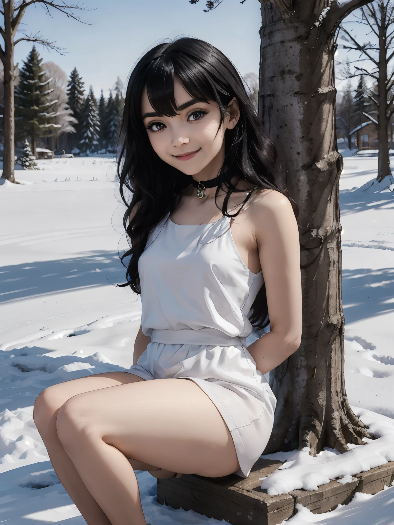 Miyumrkw, red eyes, long black hair, choker, hands around her arms, legs cross, white gown, looking at viewer, smiling, close up portrait, outside, park, trees, winter, snow, blue sky, high quality, masterpiece, 