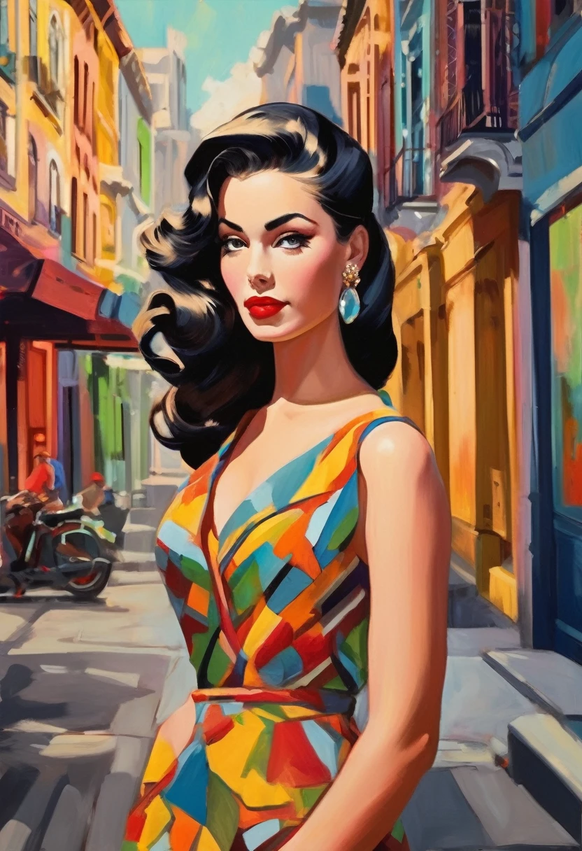 (Highest quality,4K,High resolution,masterpiece:1.2),Very detailed,Gouache and pastel textures,1940s atmosphere,gouache painting,Vibrant colors,paint:1.1,Pop Art,Retro Style,figure,Vintage Fashion,Black Hair:1.1,Side Swept Hair,Modern beauty standards,Beautiful woman,Stylish makeup,Light Skin,Captivating eyes:1.1,Fuller lips,Nostalgic atmosphere,Stylish dresses,Graceful posture,Confident expression,Captivating Charm,Cityscape,Urban Background,Cityscape, Vibrant Energy,Exciting composition,Vibrant atmosphere,Playful and engaging,Artistic interpretation