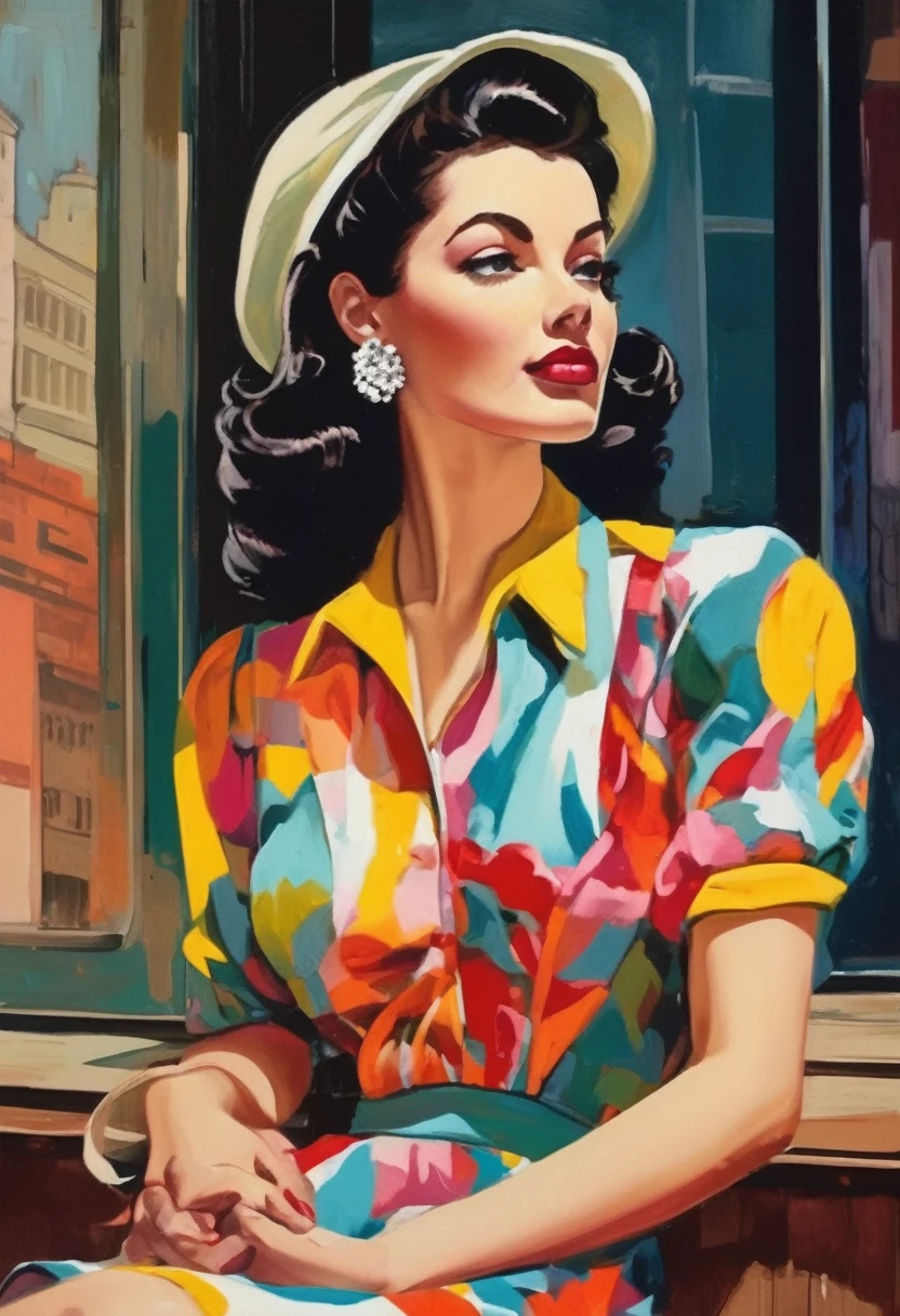 (Highest quality,4K,High resolution,masterpiece:1.2),Very detailed,Gouache and pastel textures,1940s atmosphere,gouache painting,Vibrant colors,paint:1.1,Pop Art,Retro Style,figure,Vintage Fashion,Black Hair:1.1,Side Swept Hair,Modern beauty standards,Beautiful woman,Stylish makeup,Light Skin,Captivating eyes:1.1,Fuller lips,Nostalgic atmosphere,Stylish dresses,Graceful posture,Confident expression,Captivating Charm,Cityscape,Urban Background,Cityscape, Vibrant Energy,Exciting composition,Vibrant atmosphere,Playful and engaging,Artistic interpretation