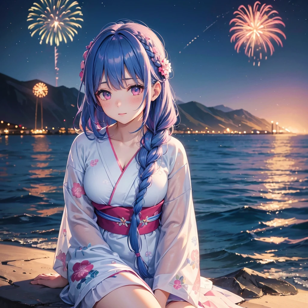 (Sky Blue Medium Hair:1.2), (Braided Hair),(Pink Eyes),Fair skin ,(whole body),(1 girl)、Floral Yukata、summer night、Extra-large fireworks filling the night sky、Huge fireworks launched from the sea、Watching the fireworks while sitting next to each other、Straight bangs,(masterpiece, Highest quality, Very detailed, Best Shadow), (Detailed Background), (Beautifully detailed face), High Contrast, (Best lighting, Very delicate and beautiful), ((Cinematic Light)), colorful, Hyper Detail 8k, Dramatic Light, Intricate details,Fireworks reflected on the water surface、