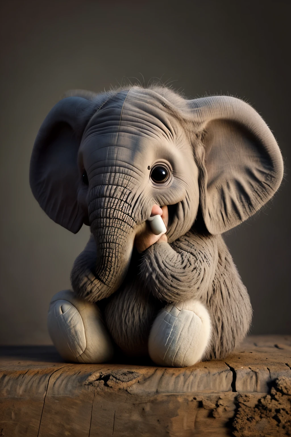 A baby elephant, with its soft, wrinkled grey skin, gently sits on a worn-out plank of wood. The wooden surface creaks under its tiny weight, yet the elephant seems oblivious to the sounds. Its large, dark eyes sparkle with curiosity as it looks around, taking in its surroundings with a sense of wonder. The baby elephant's long, floppy ears twitch occasionally, and its small trunk curls up and down, exploring the air. The wood beneath it appears worn and weathered, a stark contrast to the baby elephant's innocence and vitality. The scene is captured in high definition, the details of the wood and the baby elephant's