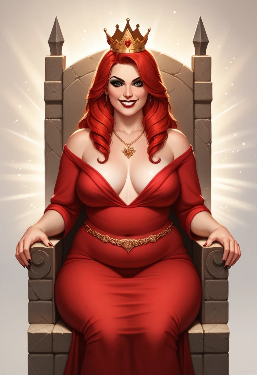 {{Renaissance style}}, 1girl, {{medieval evil queen}}, 45 year old woman milf, {{old features}}, curvy body, chubby body, soft tummy, thick thighs, cruel smile, intimidating sensual expression, {{mature face}}, black eyes, perfect eyes, {{long red hair}}, beautiful face, red and black makeup, thick red lips, medium pale skin, {medieval and royal red dress with neckline}, {{medium breast}}, royal necklace, royal golden crown, sitting on throne, front view, {{perfect face}}, perfect eyes, detailed face, perfect hand, dramatic lights, medieval background with details, castle, dinamic pose, best quality, hd