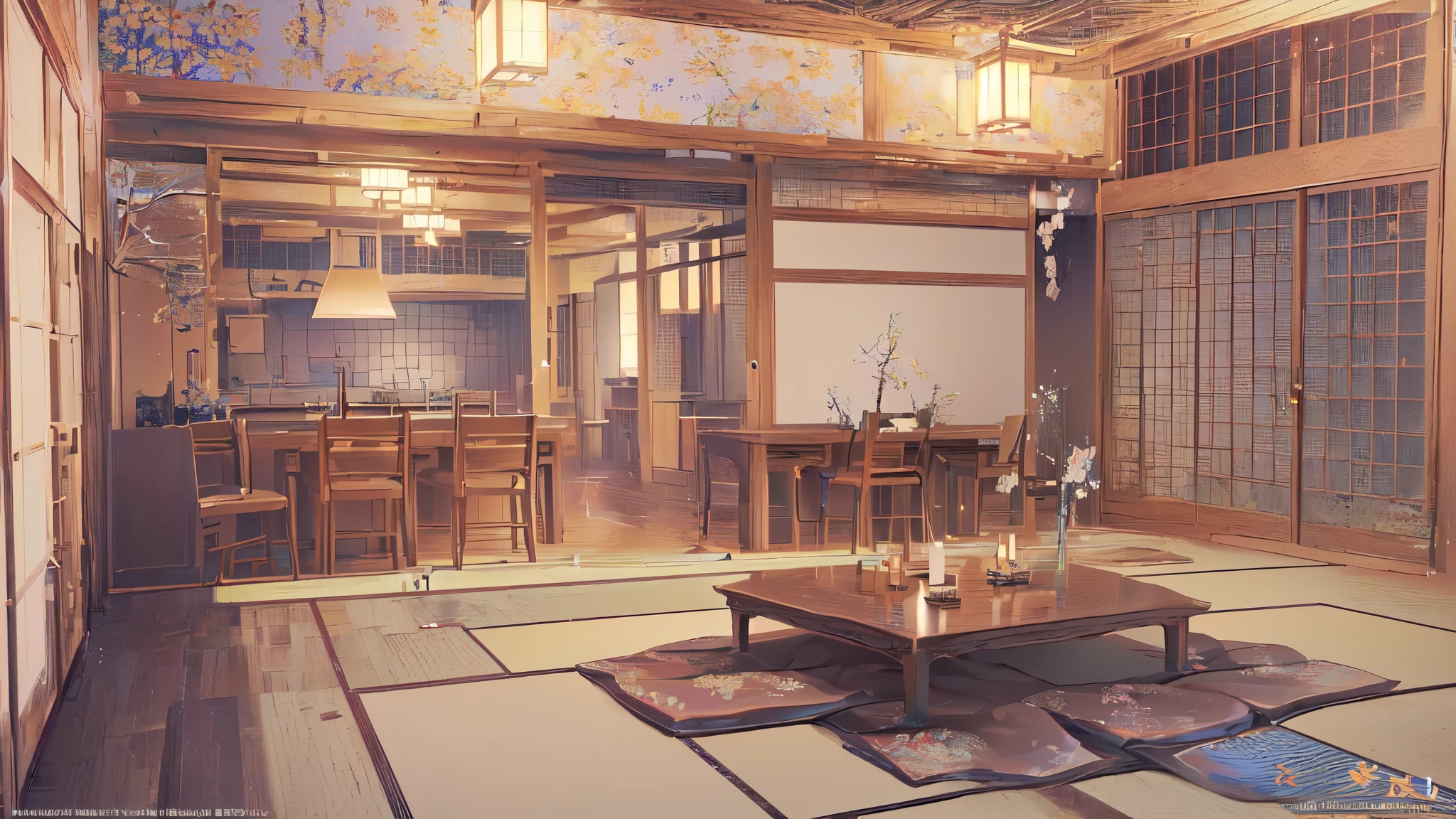 There is a room with a table and chairs in it, 3d realistic anime style., madhouse studio anime style, animated background art, Japanese house, anime scenery Conceptual art, cozy home background, highly realistic Conceptual art, Conceptual art. 8k, Akihiko Yoshida. unreal engine, relaxing Conceptual art, Octane rendering. By Makoto Shinkai