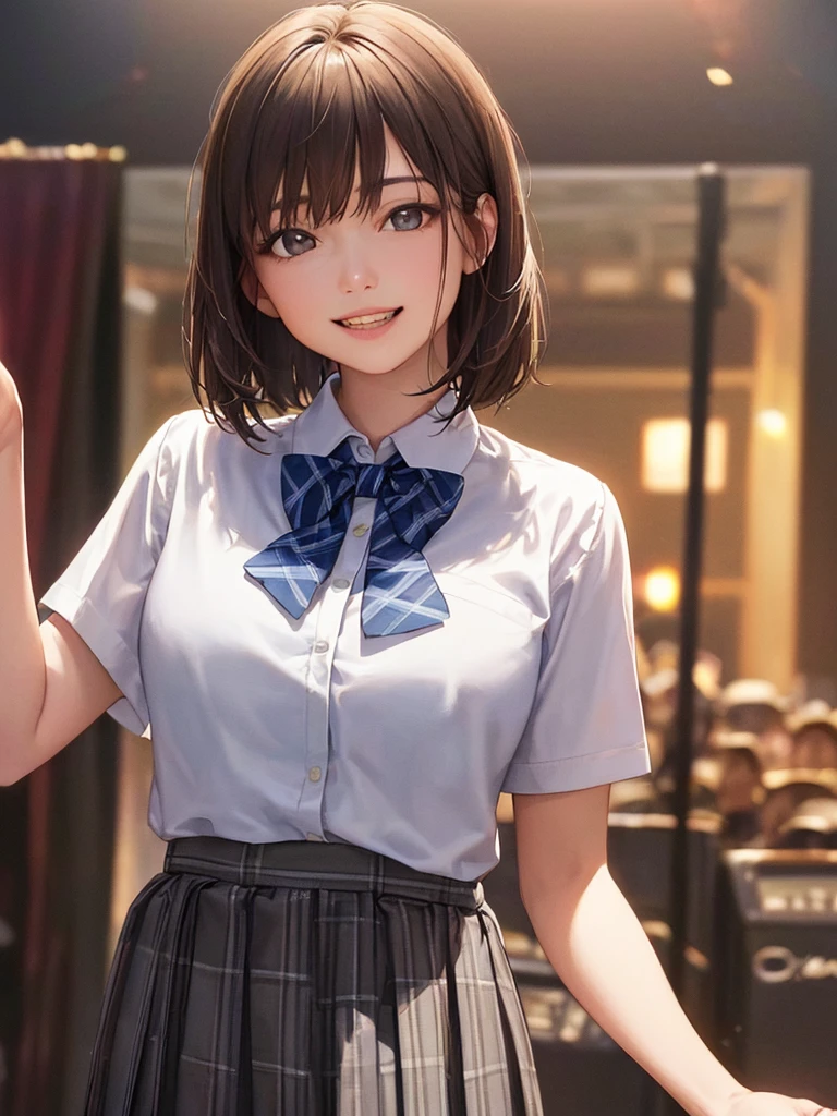 (Highest quality、8k、32K、masterpiece)、(Realistic)、(Realistic:1.2)、(High resolution)、Very detailed、Very beautiful face and eyes、(((Women's Solo Shot)))、Tight waist、(Highest quality、Attention to detail、Rich skin detail)、(Highest quality、8k、Oil paints:1.2)、(Realistic、Realistic:1.37)、Bright colors、(((Cowboy Shot)))、(((Bob Hair)))、(((Medium Hair)))、(((He has a happy face.)))、((smile))、(((Brown Hair)))、((Collared short-sleeved shirt, White shirt, , Grey plaid pleated skirt, Blue checked bow tie), )、(((Large crowd)))、(((Band performance)))、(((Inside the live house)))、(((Teeth are visible)))、(((I'm a guitarist.)))、((Waiting for the guitar))、(((Giving thumbs up)))