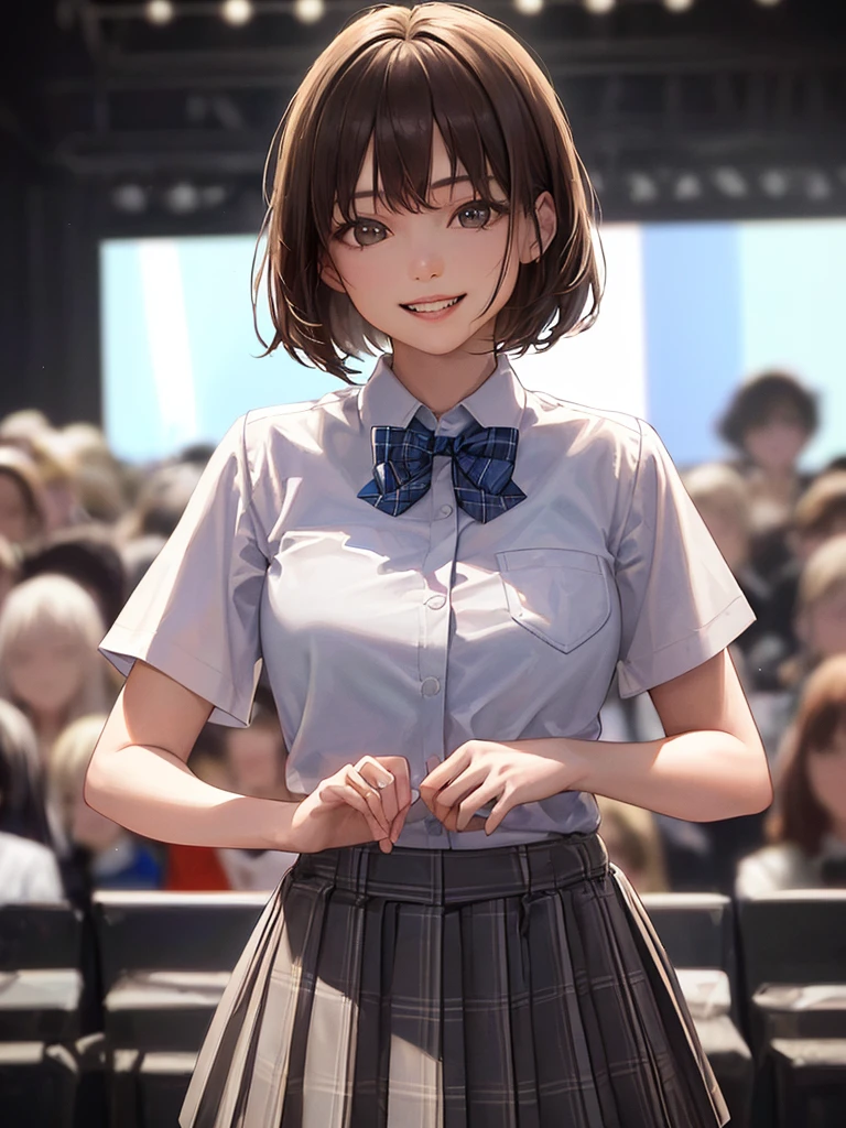 (Highest quality、8k、32K、masterpiece)、(Realistic)、(Realistic:1.2)、(High resolution)、Very detailed、Very beautiful face and eyes、(((Women's Solo Shot)))、Tight waist、(Highest quality、Attention to detail、Rich skin detail)、(Highest quality、8k、Oil paints:1.2)、(Realistic、Realistic:1.37)、Bright colors、(((Cowboy Shot)))、(((Bob Hair)))、(((Medium Hair)))、(((He has a happy face.)))、((smile))、(((Brown Hair)))、((Collared short-sleeved shirt, White shirt, , Grey plaid pleated skirt, Blue checked bow tie), )、(((Large crowd)))、(((Band performance)))、(((Inside the live house)))、(((Teeth are visible)))、(((I'm a guitarist.)))、((Waiting for the guitar))、(((Giving thumbs up)))