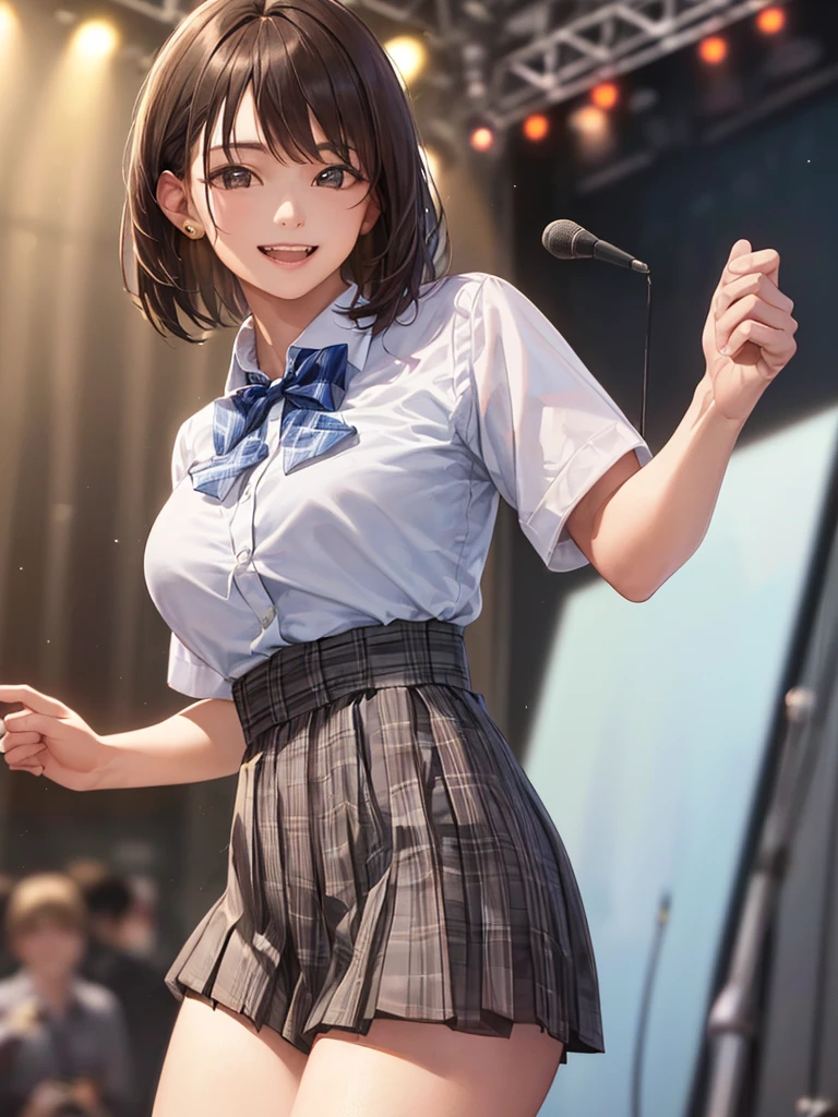 (Highest quality、8k、32K、masterpiece)、(Realistic)、(Realistic:1.2)、(High resolution)、Very detailed、Very beautiful face and eyes、(((Women's Solo Shot)))、Tight waist、(Highest quality、Attention to detail、Rich skin detail)、(Highest quality、8k、Oil paints:1.2)、(Realistic、Realistic:1.37)、Bright colors、(((Cowboy Shot)))、(((Bob Hair)))、(((Medium Hair)))、(((He has a happy face.)))、((smile))、(((Brown Hair)))、((Collared short-sleeved shirt, White shirt, , Grey plaid pleated skirt, Blue checked bow tie), )、(((Large crowd)))、(((Band performance)))、(((Inside the live house)))、(((Teeth are visible)))、(((I'm a guitarist.)))、((Waiting for the guitar))、(((Giving thumbs up)))