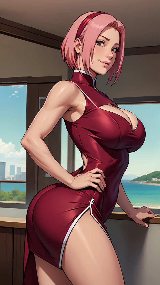 ((big-ass))((face perfect))((sensuous)), The best quality at its best, 1 , sakura haruno, big breasts, Glued dress ,(cut out),shy,ssmile,com pink hair, distant, pink hair, hips close, curved ass, Hyperrealistic in tight short dress , (((view from the front)))