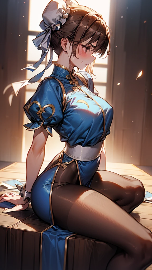 {{masterpiece}}, {{{Highest quality}}},{{Very detailed}},sf2 to,Chunli,Sitting in a chair in an office with a serious expression,profile,from side,Cowboy Shot,Focus on legs{{{Sitting in a chair in an office with a serious expression成熟した女性}}},{{疲労でSweatをかいている成人女性}},Sweat,Hold the arm with one hand ,sit,{{Blushing}},{{V-shaped eyebrows}},{{Blue clothes}},{{suspenders}},{{{}},{椅子にsit}},{},, ,{{}},{{Tied Hair}},,{{Thin legs}},{{White belt}},,Slender body}}{{ blue pelvis curtain}}, spike bracelet, sash, Brown pantyhose, ,,blush,Wrinkles ,amount,Grit your teeth,suffering,v-shaped eyebrows.,Sweat dripping,Medium chest ,get annoyed,,Inside the office,