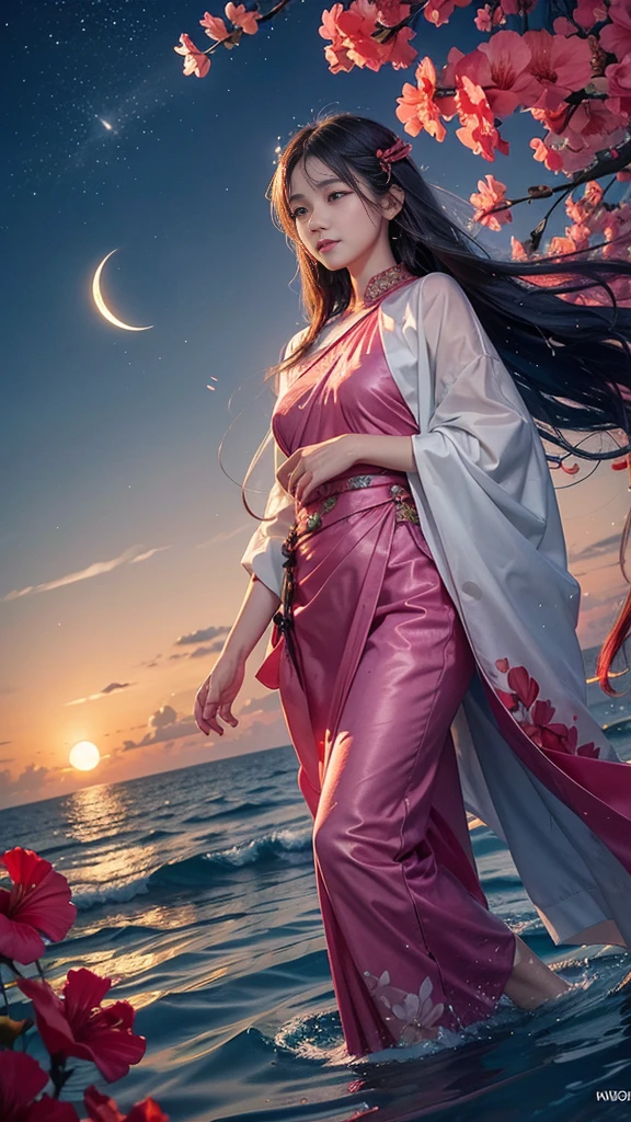 hibiscus Moon with water drops,neonlight,Random background,sunraise,bokha mood,A girl with long flowing hair,The petals fall in the wind,Nikon photo effect