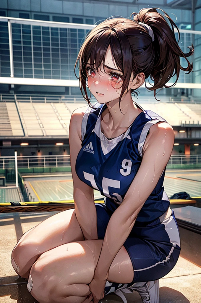 ((((perfect anatomy, super detailed skin)))), 1 girl, japanese, 16 years old, volleyball player, shiny skin, watching the view,
beautiful hair, beautiful face, beautiful detailed eyes, brown eyeiddle hair:1.4, ponytail:1.5),
beautiful collarbones, beautiful body, Beautiful breasts, beautiful thighs, beautiful legs, babyface, mole under eye, large breasts:0.5, seductive thighs, cameltoe,
((symmetrical clothinetallic, sleeveless, volleyball uniform)),
Face full of scars、Skin shiny with sweat、 injured scared girl、 crying wet bursting out eyes, real tears streaming down face, ultra-detailed eyes,bandaid on face,covered with mud,expression of despair,Illumination that emphasizes shiny sweat{{{Spread }}},(crotch rope walking:1.0), one knee, sitting floor, spread leg,
(beautiful scenery), morning, ((gymnasium), stadiam),
(8k, top-quality, masterpiece:1.2, extremely detailed), (photorealistic:1.4), beautiful illustration, natural lighting,
