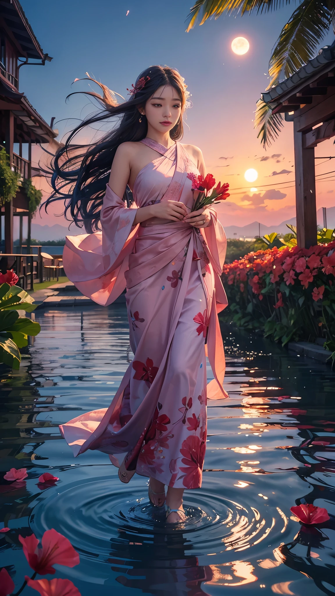 hibiscus Moon with water drops，neonlight，Random background，sunraise，bokha mood，A girl with long flowing hair，The petals fall in the wind，Nikon photo effect