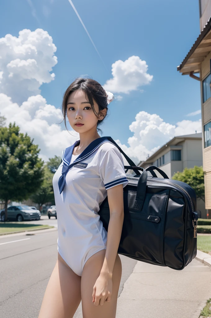 (uppwr body:1.2), Girl Standing In Schoolyard, Cumulonimbus clouds floating in the summer sky, (Navy school swimsuit:1.1), (wearing a white sailor shirt), school bag, 13 years old, (Very slim:1.4), Brown eyes, Short hair tied low
