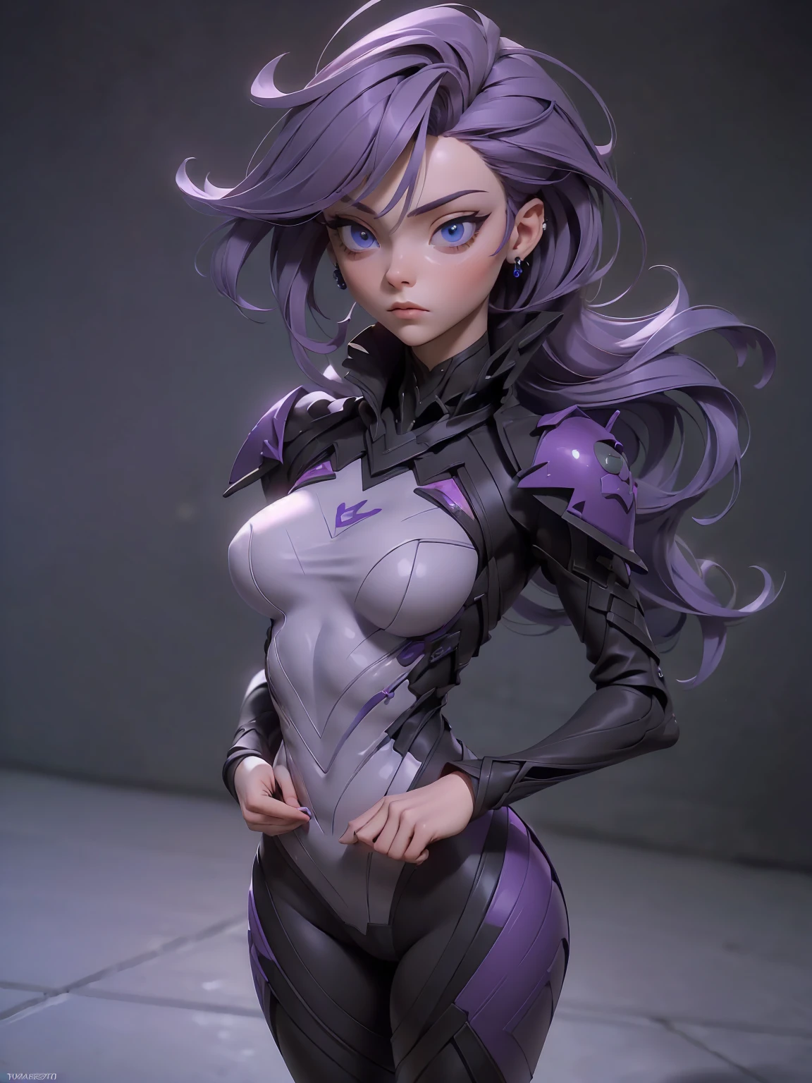(((masterpiece, best quality, high detailed, 16k))) Design a layout showcase Gaming character, (1girl). Purple+Black tight sleek suit, stylish and unique. Short purple hair, light blue mesmerizing eyes. ((full body shot))