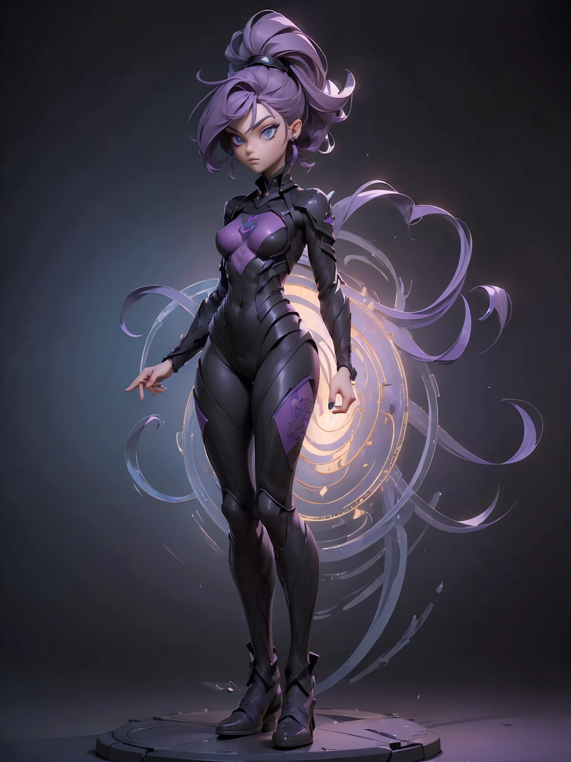 (((masterpiece, best quality, high detailed, 16k))) Design a layout showcase Gaming character, (1girl). Purple+Black tight sleek suit, stylish and unique. Short purple hair, light blue mesmerizing eyes. ((full body shot))