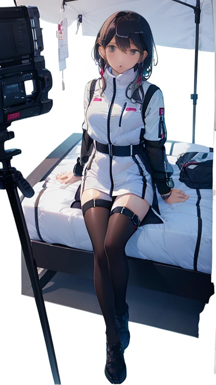 (Highest quality), (masterpiece), 1080P, High resolution, 4K, 8k, Thigh straps, Shooting from directly below, The woman on top of me, Nipples, 白いSweat, Covered , Sweat, Woman looking down, Micro Bikini, Skirt swimsuit, Thigh-high socks, To achieve this, , Small breasts, whole body, Black leather shoes, Braided hair, Inner Color, Embarrassed face, Short black hair, bracelet, Bedroom,celestial body_Vest