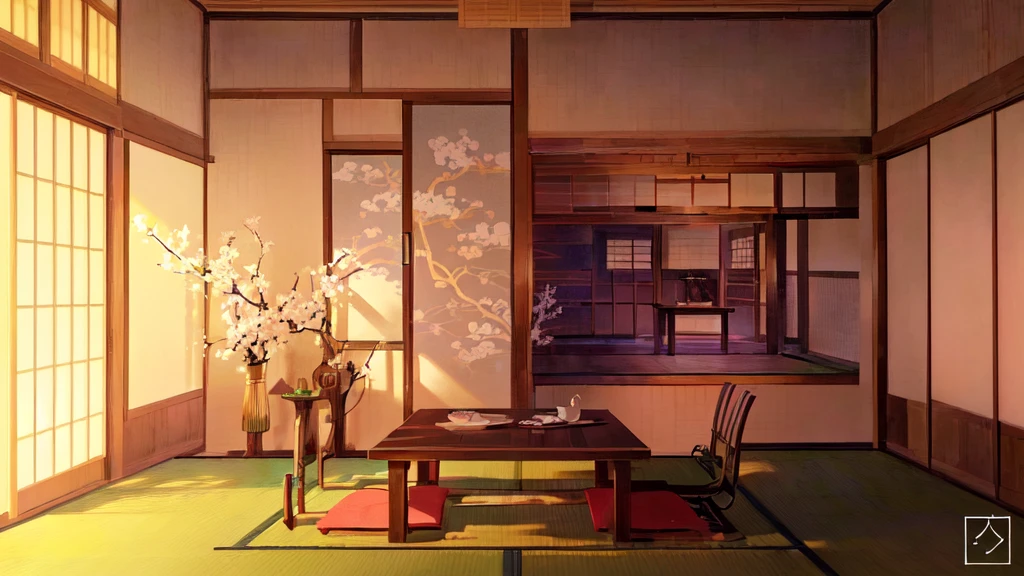 There is a room with a table and chairs in it, interior art background, anime art background, art background, japanese art style, Japanese house, Inspired by Toshi Yoshida, Personal room background, inspired by Josetsu, Relaxing Conceptual Art, calm and serene environment, Japanese style, traditional japanese conceptual art, Inspired by Goyo Hashiguchi