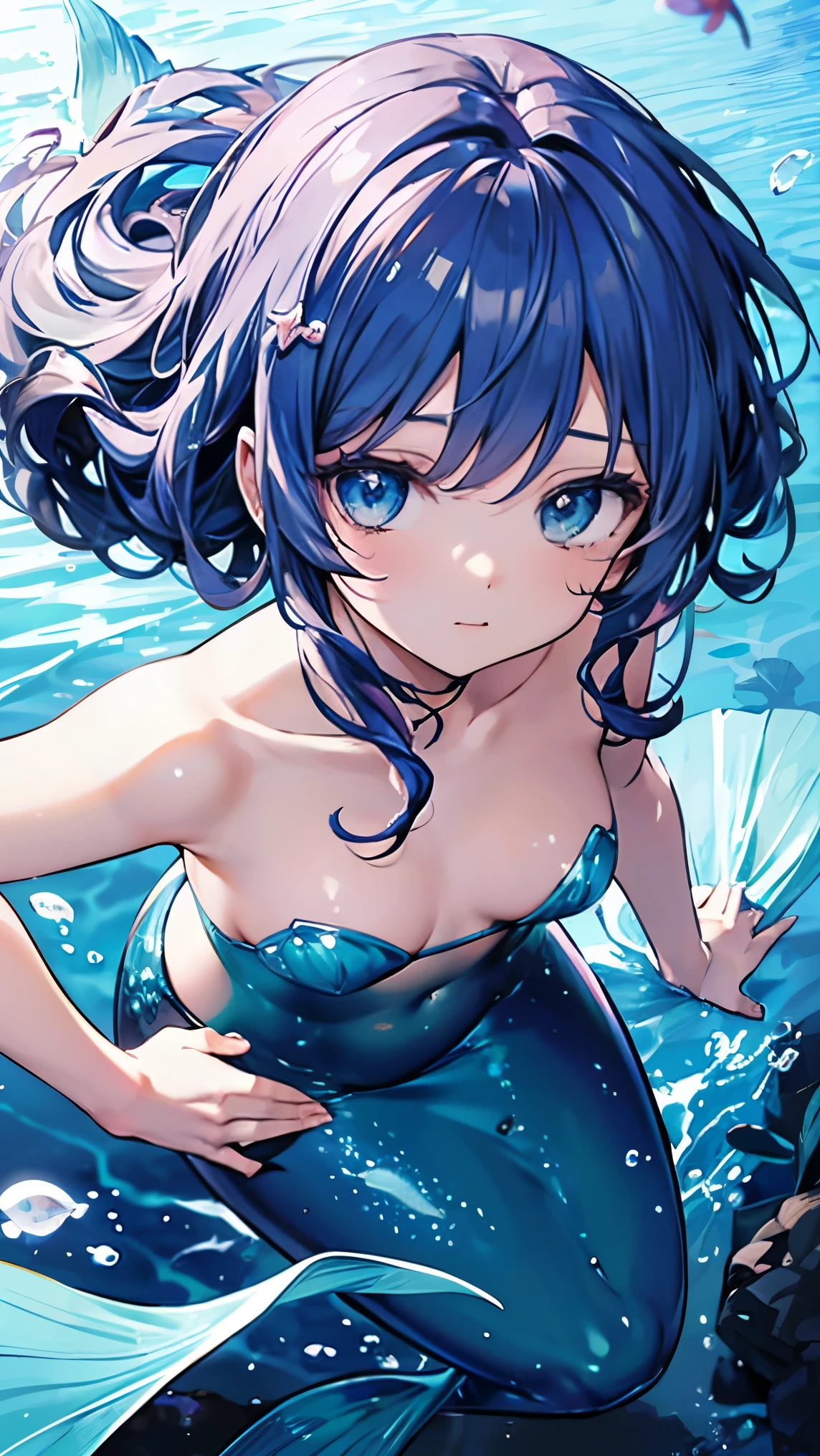 expressive hair, curly hair, long hair, expressive hair, shell hair ornament, light smile, expressive hair, naughty face, anime, sparkle, ray tracing, UHD, retina, super detail, textured skin, masterpiece, accurate, high details, best quality, high quality, Mermaid, mermaid princess, (The lower half of the body is a fish tail), belly button exposed, swimming in the sea, Diving into the deep sea, in the sea