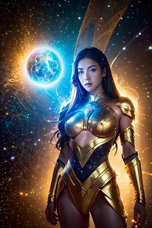 beautiful warrior woman in golden Greek armor, jet black hair, Hoplite helmet, muscular, Huge naked breasts, I look at the viewer, Foreground, ModelShot Pose, masterpiece, Best quality, 8 k, blurred background, Medieval fantasy castle in the background, (best quality,4k,8k,highres,masterpiece:1.2),ultra-detailed,(realistic,photorealistic,photo-realistic:1.37),quantum mechanics,mystery,beautiful girl,universal truth,illustration,cosmic backdrop,surreal elements,vibrant colors,hidden messages,ethereal atmosphere,magical effects,infinitely detailed quantum equations,intricate patterns,breathtaking visuals,subtle hints of the unknown,otherworldly dimensions,divine symmetry,cosmic harmony,transcendental beauty,deep metaphysical meaning,hauntingly beautiful girl,sublime revelation,subatomic particles dancing gracefully,whispered secrets of the universe,awe-inspiring universe,profound enlightenment,fleeting glimpses of reality,cosmic enlightenment,pure curiosity,quantum entanglement,secrets of existence unveiled,universal interconnectedness,sublime truth whispered in the wind,cosmic dance of particles,inner exploration,quantum fluctuations,sparkling celestial spheres,mystical symbols,interdimensional portals,transformative journey through space and time,celestial beauty unfolding before your eyes,subconscious awakening,serene essence of the universe.