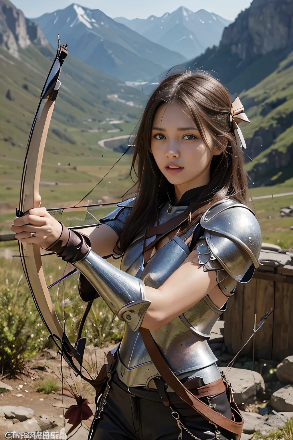 8k,A female adventurer from another world、((Girl in leather armor:1.4))、((Woman with long brown hair:1.4))、blue eyes、((Woman shooting with a crossbow:1.5))、((Brown combat trousers:1.4))、(Walking in mountainous areas:1.4))、Perfect Face,Perfect hand shape, beautiful expression,、Detailed Background, Written boundary depth, Small breasts、Volumetric lighting, Sharp focus,Realistic proportions, ((Excellent anatomy:1.4))、16k hdr, dawn,High resolution,Super realistic skin,Super beautiful expression,Fantasy art,Character Art,Dynamic pose、Brown cloak,((Carrying a big bow:1.4)),