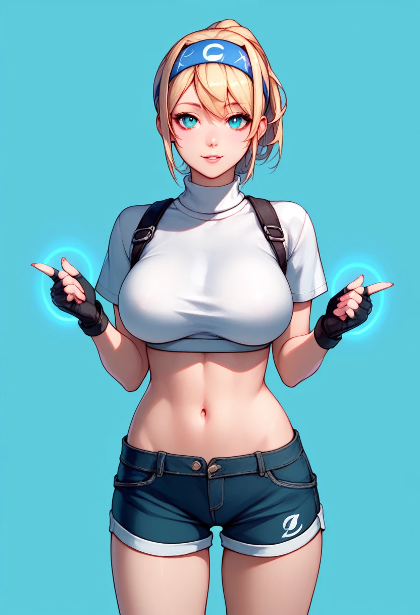 (Masterpiece), Best Quality, Expressive Eyes, Perfect Face, Hires, (Female 1.5), 1 Girl, Solo, Oroshikiyo, Black Open-Breasted Sweater, Hanging Full Breasts, Fingerless Gloves, White T-Shirt, White Open-Breasted Headband, Vagina Shorts  Short, white shoes, simple background, particle effect, magic background, upper body, portrait, looking at the viewer,