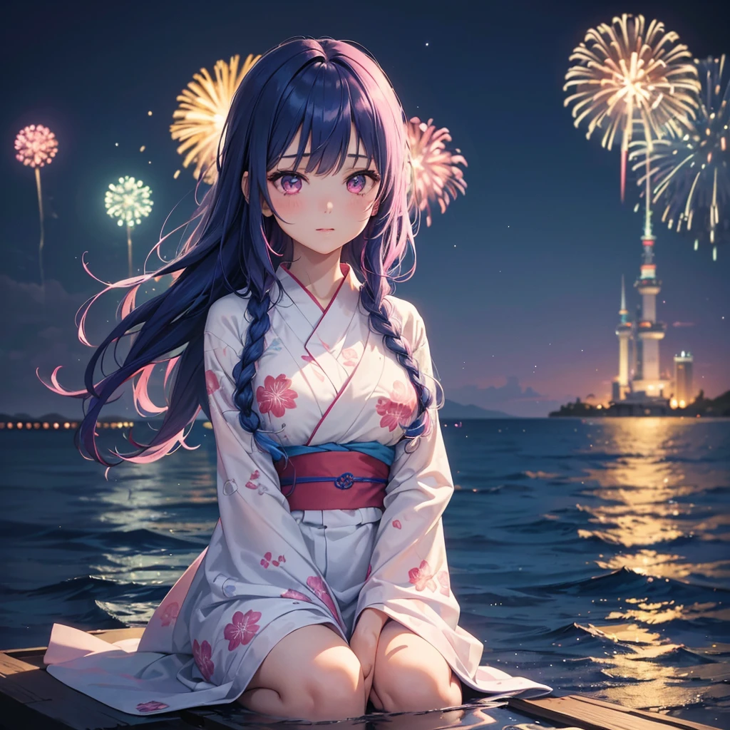 (Sky Blue Medium Hair:1.2), (Braided Hair),(Pink Eyes),Fair skin ,(whole body),(1 girl)、Floral Yukata、summer night、Extra-large fireworks filling the night sky、Huge fireworks launched from the sea、Watching the fireworks while sitting next to each other、Straight bangs,(masterpiece, Highest quality, Very detailed, Best Shadow), (Detailed Background), (Beautifully detailed face), High Contrast, (Best lighting, Very delicate and beautiful), ((Cinematic Light)), colorful, Hyper Detail 8k, Dramatic Light, Intricate details,Fireworks reflected on the water surface、
