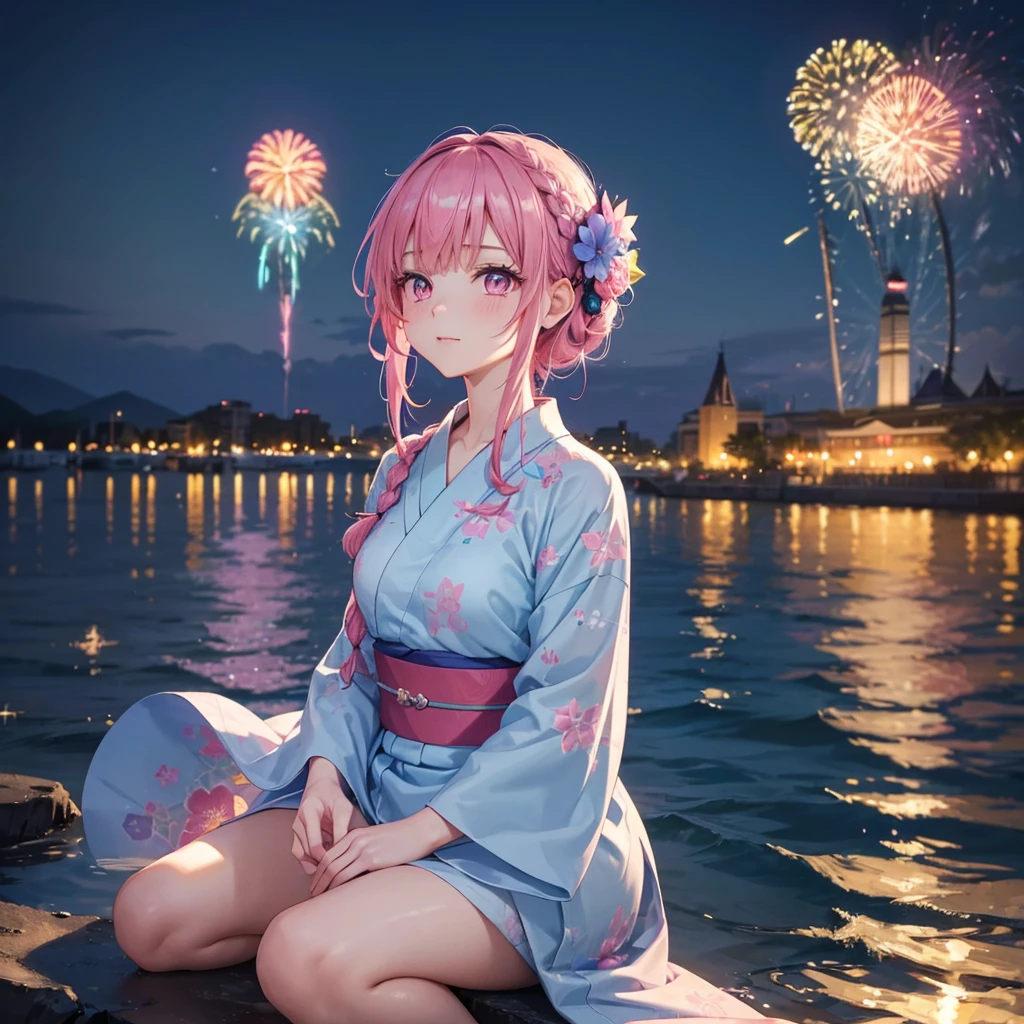 (Sky Blue Medium Hair:1.2), (Braided Hair),(Pink Eyes),Fair skin ,(whole body),(1 girl)、Floral Yukata、summer night、Extra-large fireworks filling the night sky、Huge fireworks launched from the sea、Watching the fireworks while sitting next to each other、Straight bangs,(masterpiece, Highest quality, Very detailed, Best Shadow), (Detailed Background), (Beautifully detailed face), High Contrast, (Best lighting, Very delicate and beautiful), ((Cinematic Light)), colorful, Hyper Detail 8k, Dramatic Light, Intricate details,Fireworks reflected on the water surface、