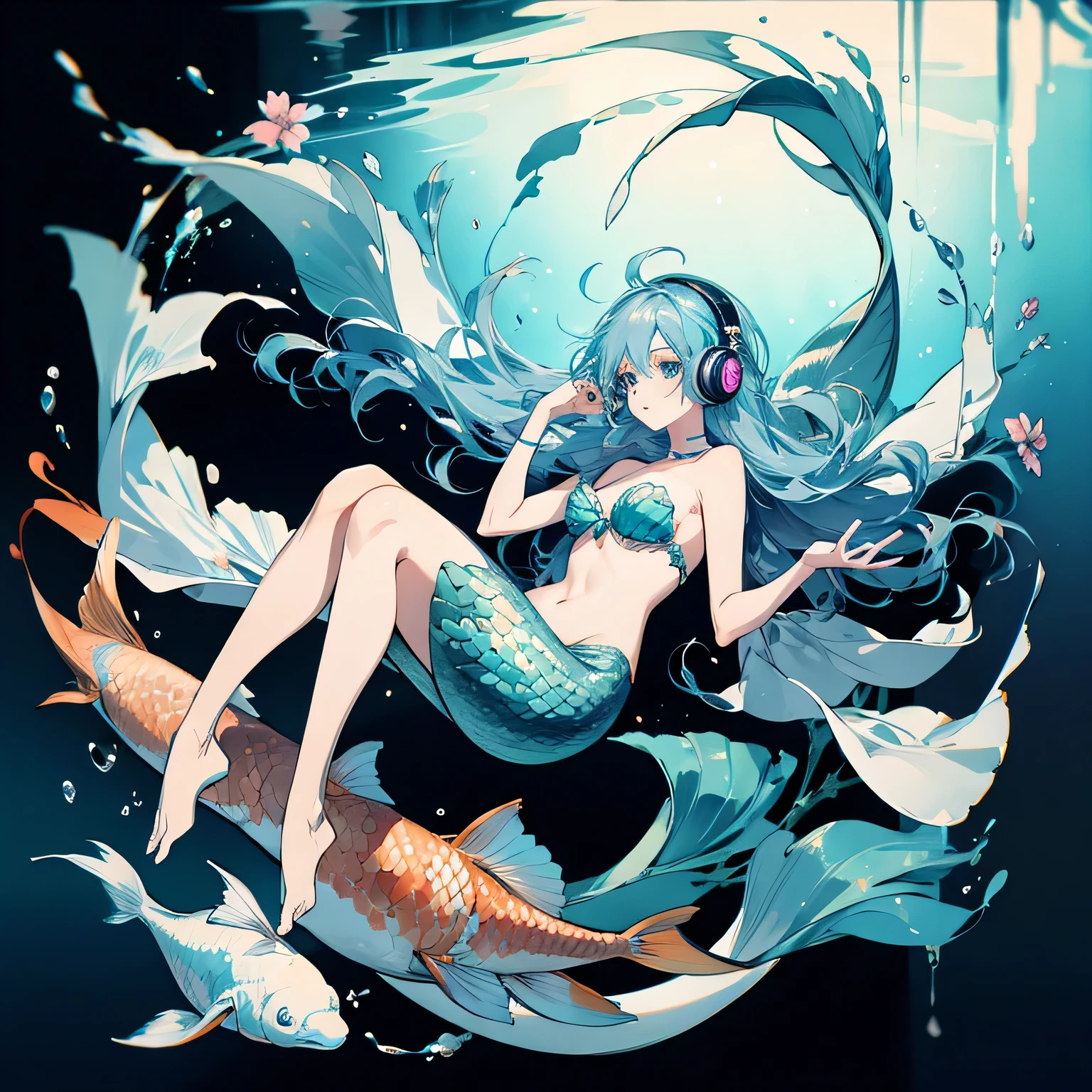 mermaid with headphones and koi's around floating in the air