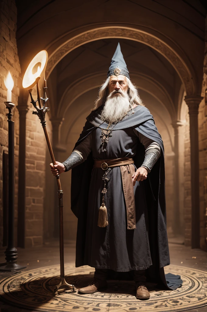 Create a high-quality image of a medieval wizard standing in a circle presiding over a magic ritual